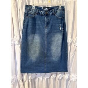INHERIT Stretch Denim Midi JEAN SKIRT 11/12 Boho Distressed Classic Trad mom Y2K